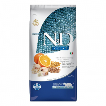 Pisică Adult - N&D Ocean, Hrană Uscată Pisică Adult, Cod, Alac, Ovăz și Portocală, 10kg
