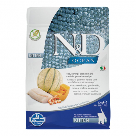 Pisică Junior - N&D Ocean, Hrană Uscată Pisică Junior, Cod, Crevete, Dovleac și Pepene Galben, 300g