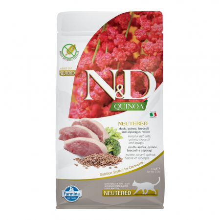 Pisică Adult - N&D Quinoa Hrană Uscată Pisică Adult, Rață, Sterilizat, Broccoli și Sparanghel, 1.5kg