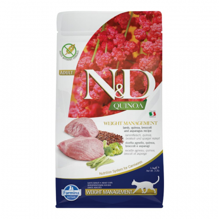 Pisică Adult - N&D Quinoa Controlul Greutății, Hrană Uscată Pisică Adult, Miel, Broccoli și Sparanghel, 1.5kg
