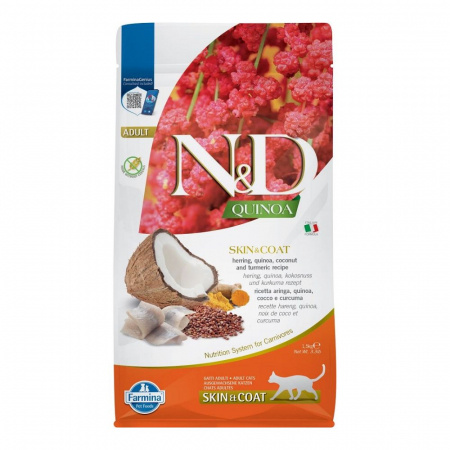 N&D Quinoa Piele și Blană, Hrană Uscată Pisică Adult, Hering și Cocos, 5kg