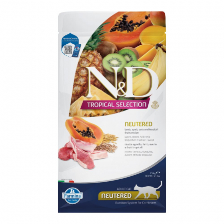 Pisică Adult - N&D Tropical Selection, Hrană Uscată Pisică Adult, Sterilizată, Miel și Fructe Tropicale, 1.5kg