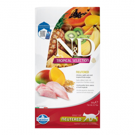 Pisică Adult - N&D Tropical Selection, Hrană Uscată Pisică Adult, Sterilizată, Pui și Fructe Tropicale, 300g