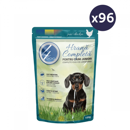 Câini - MEGAPACK Hrană Umedă Câine Junior, 4DOG, Pui în sos, 96x100g