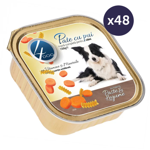 Câine Adult - MEGAPACK Hrană Umedă Câine Adult, 4DOG Pate, Pui cu Topping de Paste și Legume, 48x150g