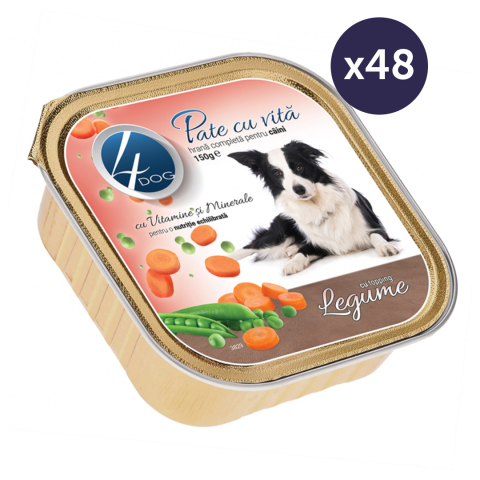 Câine Adult - MEGAPACK Hrană Umedă Câine Adult, 4DOG Pate, Vită cu Topping de Legume, 48x150g