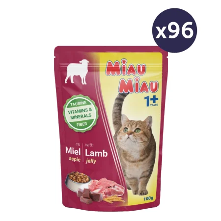 Pisică Adult - MEGAPACK Hrană Umedă Pisică Adult, MIAU MIAU, Miel în Aspic, 96x100g