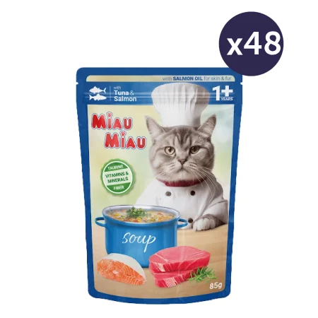 Pisică Adult - MEGAPACK Hrană Umedă Pisică Adult, MIAU MIAU, Ton și Somon în Supă, 48x85g