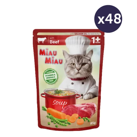Pisică Adult - MEGAPACK Hrană Umedă Pisică Adult, MIAU MIAU, Vită și Legume în Supă, 48x85g
