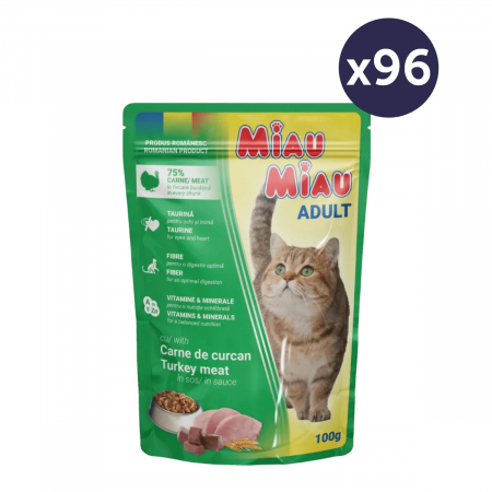 Pisică Adult - MEGAPACK MIAU MIAU Hrană Umedă Pisică Adult, Curcan în sos, 96x100g