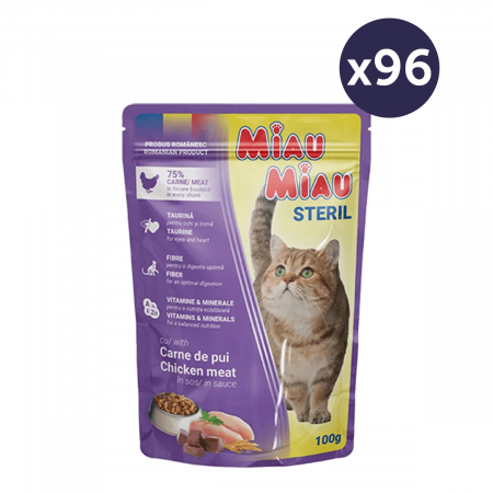 Pisici - MEGAPACK MIAU MIAU Hrană Umedă Pisică Adult, Sterilizată, Pui în sos, 96x100g