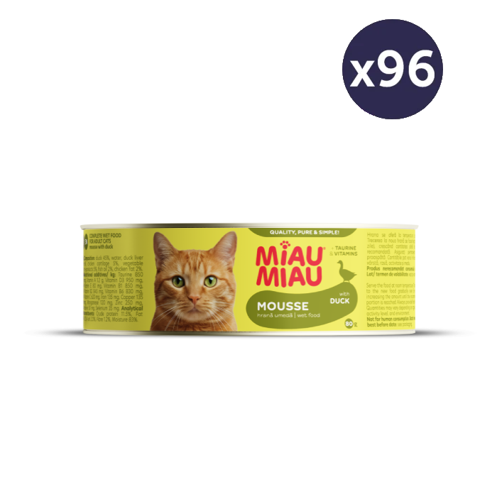 Pisică Adult - MEGAPACK Hrană Umedă Pisică Adult, MIAU MIAU Mousse, Rață, 96x80g