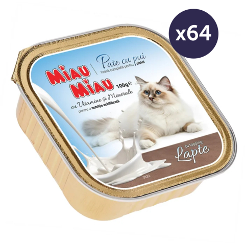 Pisică Adult - MEGAPACK Hrană Umedă Pisică Adult, MIAU MIAU Pate, Pui cu Topping de Lapte, 64x100g