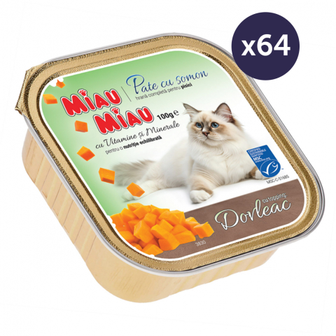 Pisică Adult - MEGAPACK Hrană Umedă Pisică Adult, MIAU MIAU Pate, Somon cu Topping de Dovleac, 64x100g