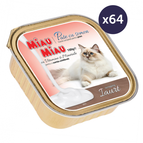 Pisică Adult - MEGAPACK Hrană Umedă Pisică Adult, MIAU MIAU Pate, Somon cu Topping de Iaurt, 64x100g