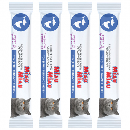 Recompense Cremoase Pisică Adult, MIAU MIAU Creamy Snacks, Ton și Pui, 4x15g [1]