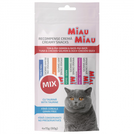 Snacks - Recompense Cremoase Pisică Adult, MIAU MIAU Creamy Snacks Mix, Somon, Rață, Ton și Pui, 4x15g