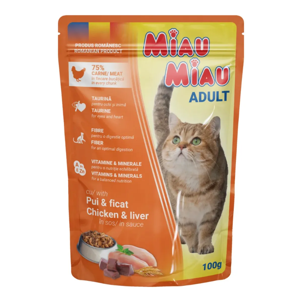 MIAU MIAU Hrană Umedă Pisică Adult, Pui și Ficat în sos, 100g