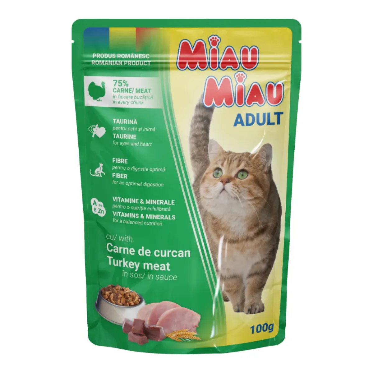 MIAU MIAU Hrană Umedă Pisică Adult, Curcan în sos, 100g