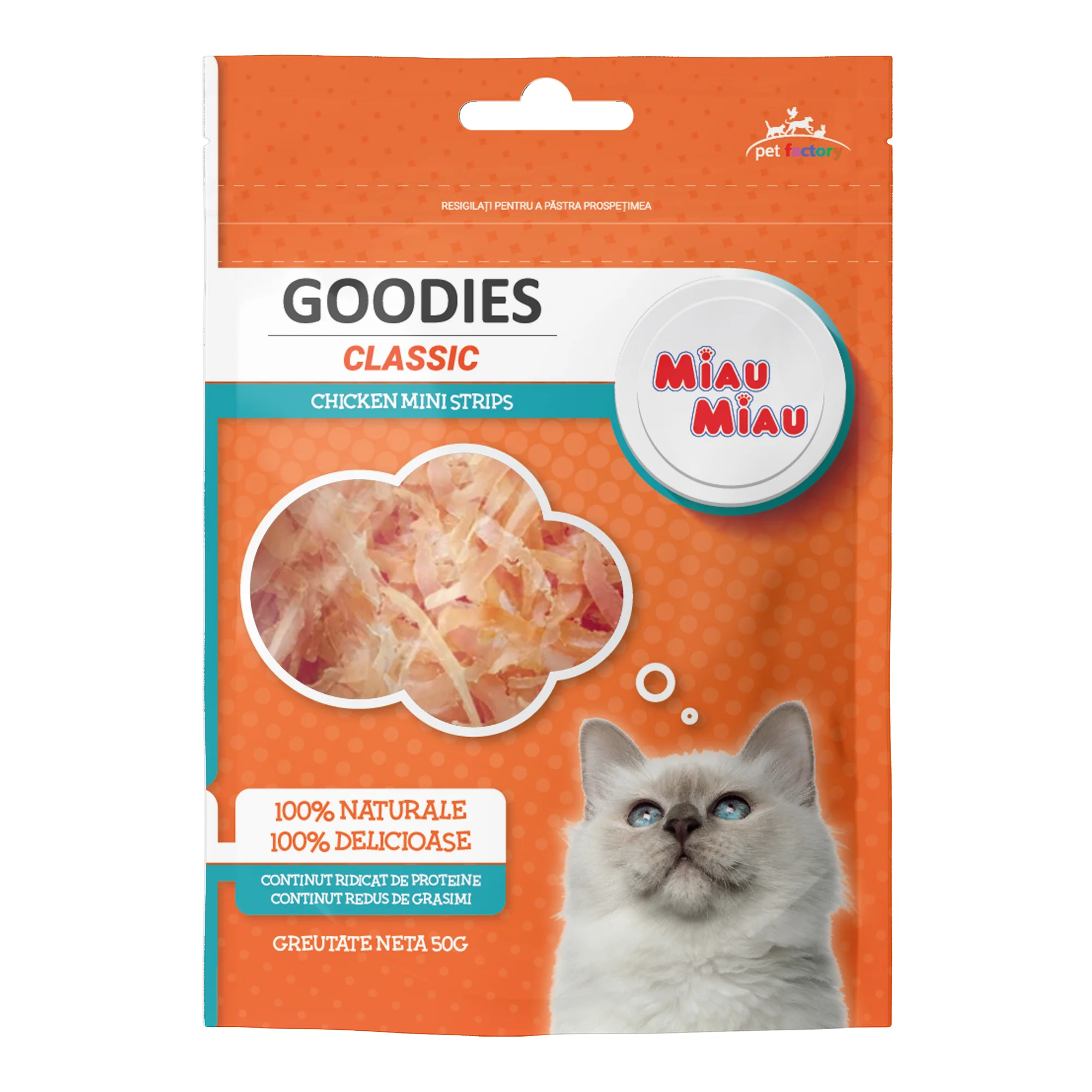 Recompense Pisici - Recompense pentru Pisică Adult, MIAU MIAU Goodies Classic, Mini Strips, Pui, 50g