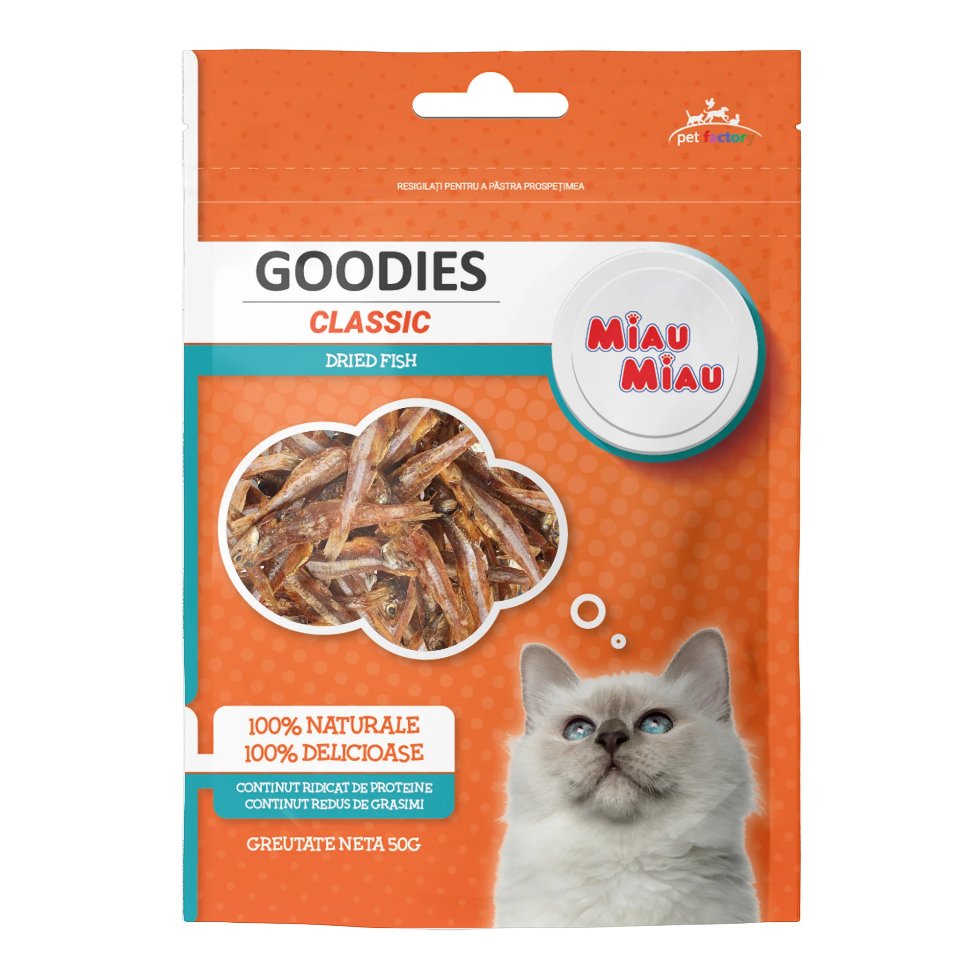 Recompense Pisici - Recompense pentru Pisică Adult, MIAU MIAU Goodies Classic, Dried Fish, Anșoa, 50g