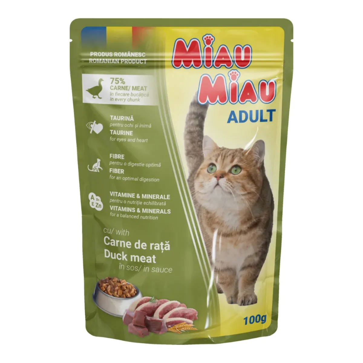Pisică Adult - MIAU MIAU Hrană Umedă Pisică Adult, Rață în sos, 100g