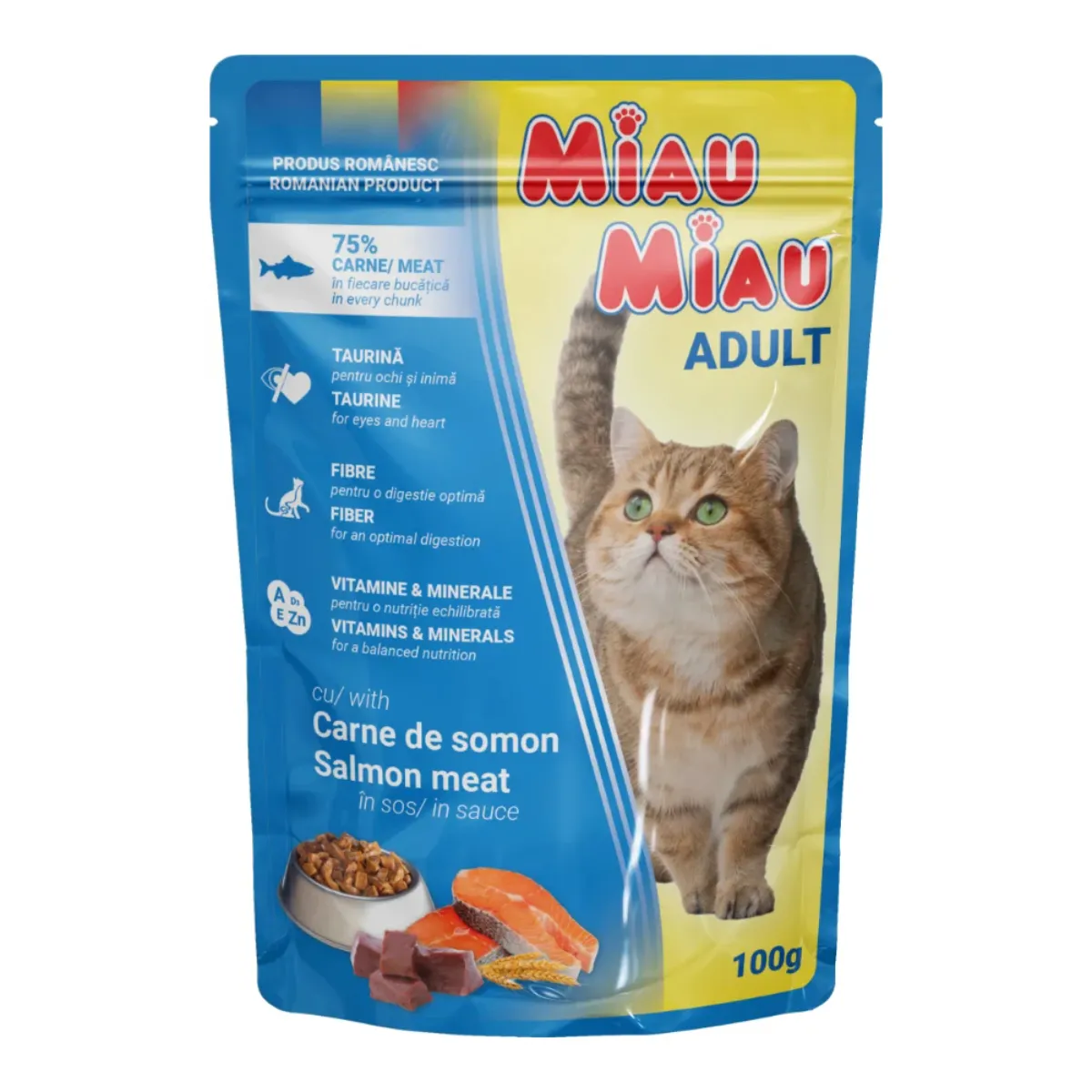 Pisică Adult - MIAU MIAU Hrană Umedă Pisică Adult, Somon în sos, 100g