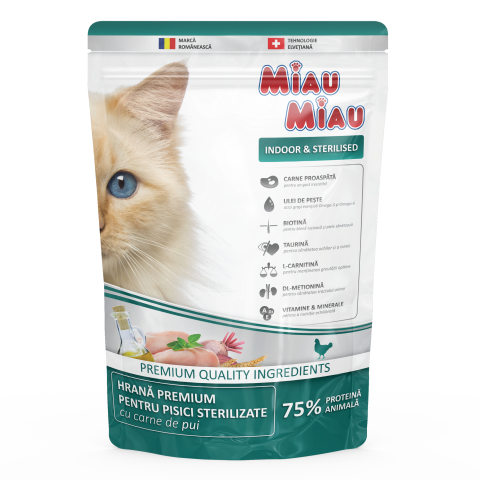 Hrană Uscată Pisică - MIAU MIAU Indoor, Hrană Uscată Pisică Adult, Sterilizată, Pasăre, 800g