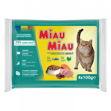 Pisică Adult - MIAU MIAU Mixt, Hrană Umedă Pisică Adult, Curcan și Somon, 4x100g