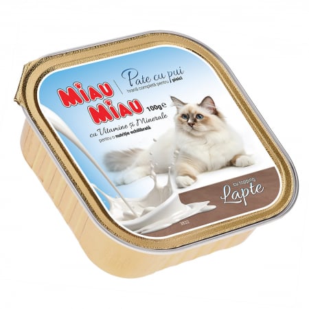 Pisică Adult - Hrană Umedă Pisică Adult, MIAU MIAU Pate, Pui cu Topping de Lapte, 100g