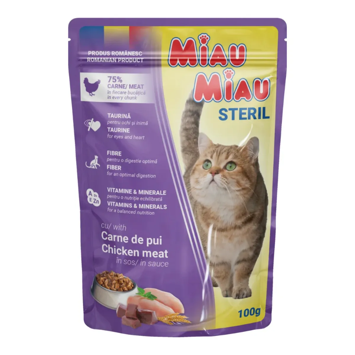 Pisică Adult - MIAU MIAU Hrană Umedă Pisică Adult, Sterilizată, Pui în sos, 100g