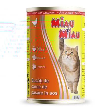 Pisică Adult - MIAU MIAU Conservă, Hrană Umedă Pisică Adult, Pui, 415g