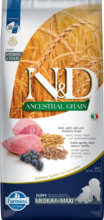 Câini - N&D Ancestral Grain, Hrană Uscată Câine Junior, Talie Medie/Mare, Miel, Afine și Ovăz, 12kg