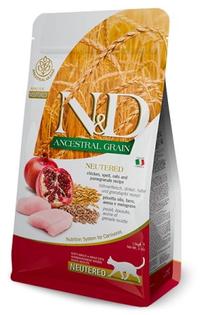 Pisică Adult - N&D Ancestral Grain, Hrană Uscată Pisică Adult, Sterilizată, Pui și Rodie, 10kg