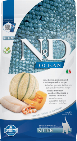 Pisică Junior - N&D Ocean, Hrană Uscată Pisică Junior, Cod, Crevete, Dovleac și Pepene Galben, 1.5kg
