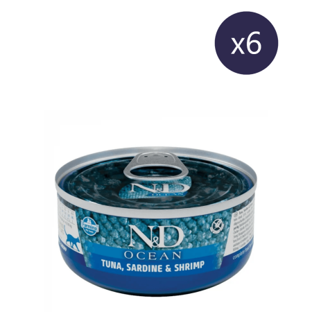 Hrană Umedă Pisică - Pachet Economic Hrană Umedă Pisică Adult, N&D Ocean, Ton, Sardine și Creveți, 6x70g
