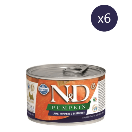 Hrană Umedă Câini - Pachet Economic Hrană Umedă Câine Junior, N&D Pumpkin Starter, Talie Mică, Miel, Dovleac și Afine, 6x140g