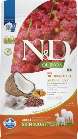Câini - Hrană Uscată Câine Adult, N&D Quinoa Piele și Blană, Talie Medie/Mare, Hering și Cocos, 2.5kg