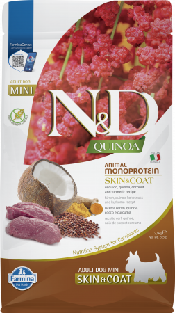 Câini - N&D Quinoa Piele și Blană, Hrană Uscată Câine Adult, Talie Mică, Vânat și Cocos, 2.5kg