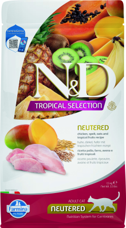 Pisică Adult - N&D Tropical Selection, Hrană Uscată Pisică Adult, Sterilizată, Pui și Fructe Tropicale, 1.5kg
