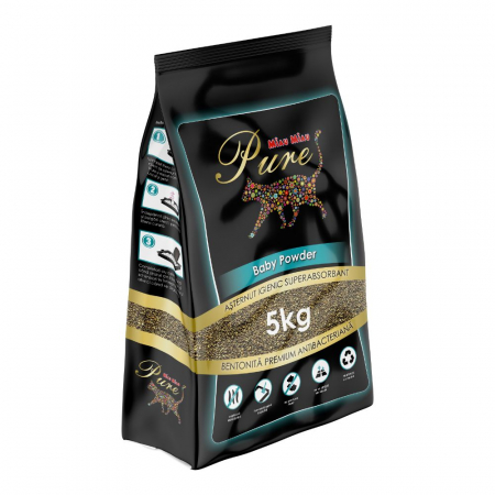 Așternut Igienic Pisici - MIAU MIAU Pure Bentonită, Așternut Igienic pentru Pisică, Baby Powder, 5kg
