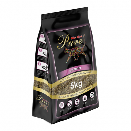 Așternut Igienic Pisici - MIAU MIAU Pure Bentonită, Așternut Igienic pentru Pisică, Lavandă, 5kg