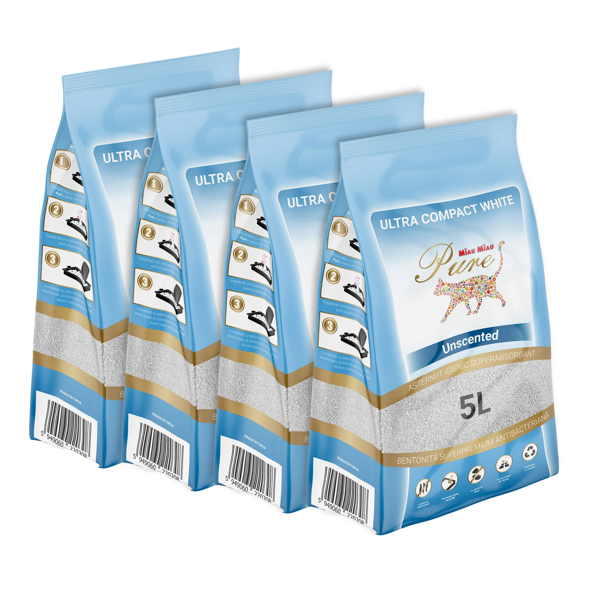 Așternut Igienic Pisici - Pachet Economic MIAU MIAU Pure Bentonită, Așternut Igienic pentru Pisică, Clasic, 4x5L