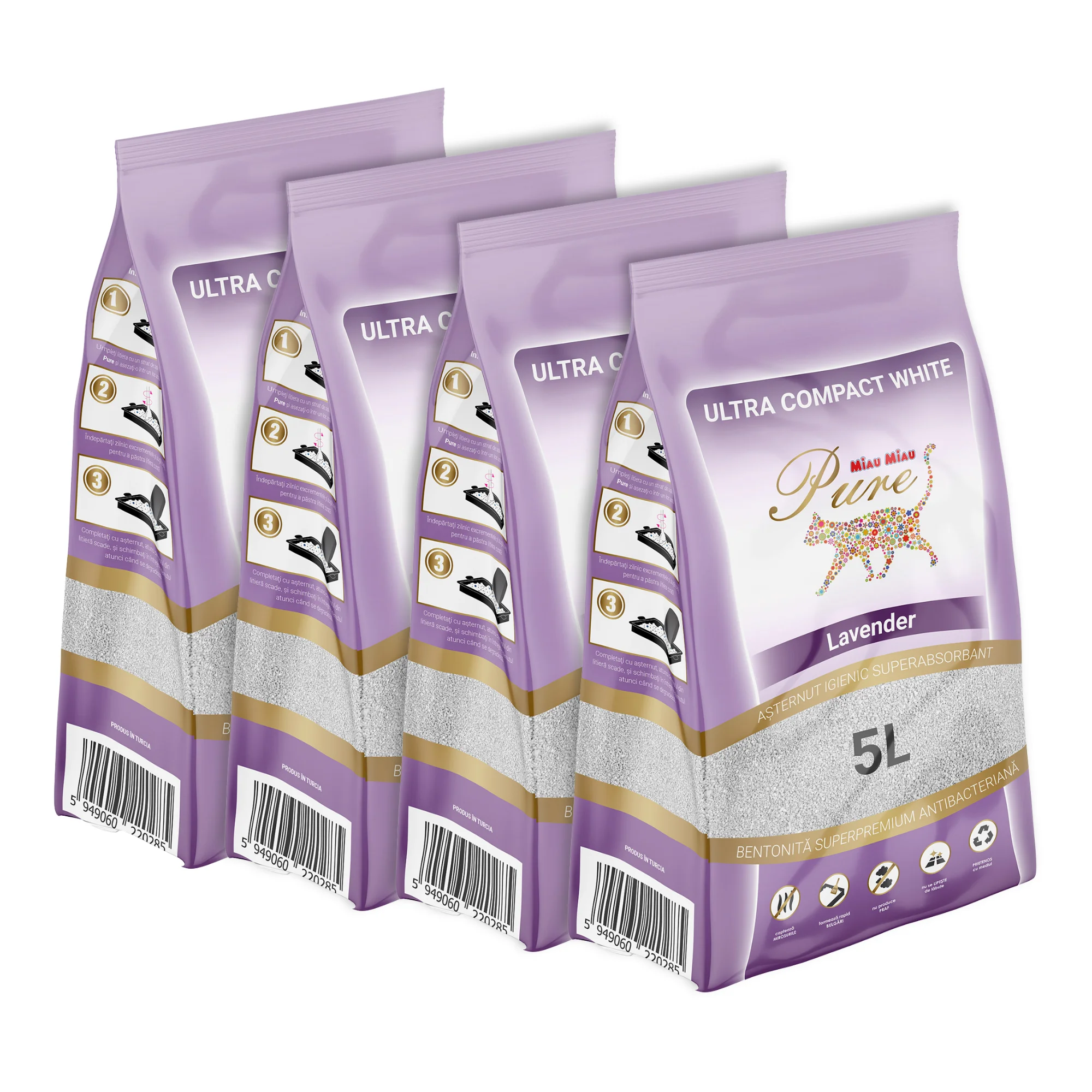 Așternut Igienic Pisici - Pachet Economic MIAU MIAU Pure Bentonită, Așternut Igienic pentru Pisică, Lavandă, 4x5L
