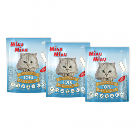 Așternut Igienic Pisici - Pachet Economic MIAU MIAU Tofu, Așternut Igienic pentru Pisică, Baby Powder, 3x6L