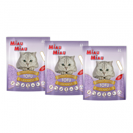 Așternut Igienic Pisici - Pachet Economic MIAU MIAU Tofu, Așternut Igienic pentru Pisică, Lavandă, 3x6L
