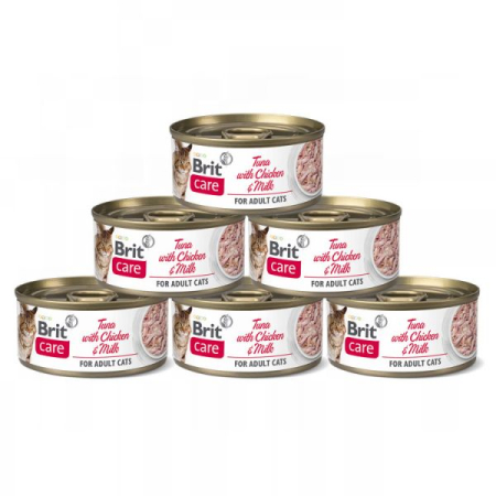 Pisică Adult - Pachet Economic Hrana Umeda Pisici BRIT Care Ton, Pui si Lapte 6x70g