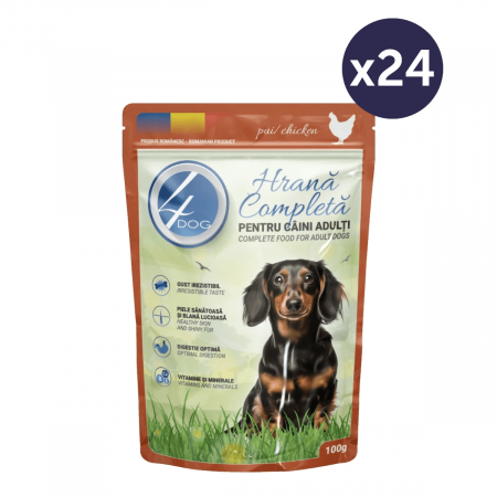 Câini - Pachet Economic Hrană Umedă Câine Adult, 4DOG, Pui în sos, 24x100g