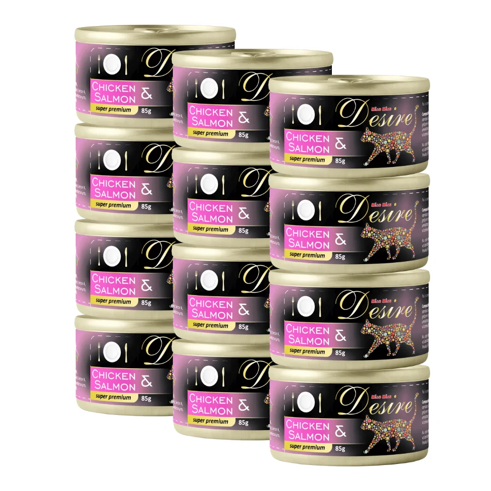 Pisică Senior - Pachet Economic DESIRE, Hrană Umedă Pisică Adult, Pui File și Somon în Gelatină, 12x85g