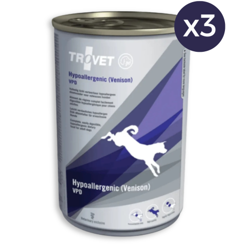 Umedă - Pachet Economic Dietă Veterinară, Hrană Umedă Câine Adult, TROVET Hypoallergenic, Căprioară, 3x400g